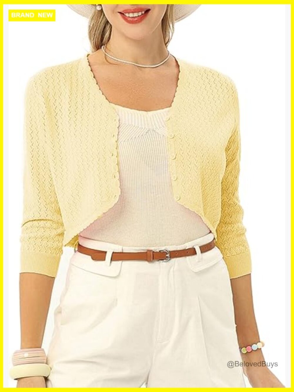 3/4 Sleeve Bolero Shrug Cardigan Lightweight Knit Cropped V-Neck Button Front